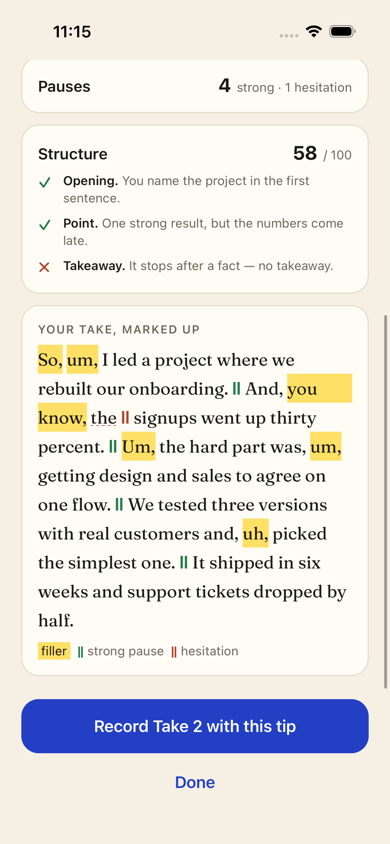 A take marked up in Declama: filler words highlighted and pauses marked